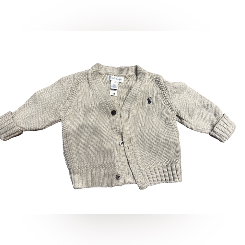 Ralph Lauren Beige Knit Cardigan with Navy Polo Pony